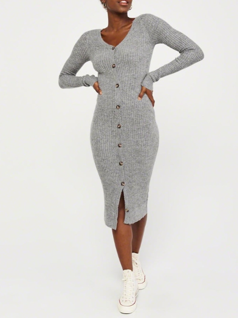 ARITZIA Ribbed Button-Front Knit Midi Dress - Gray